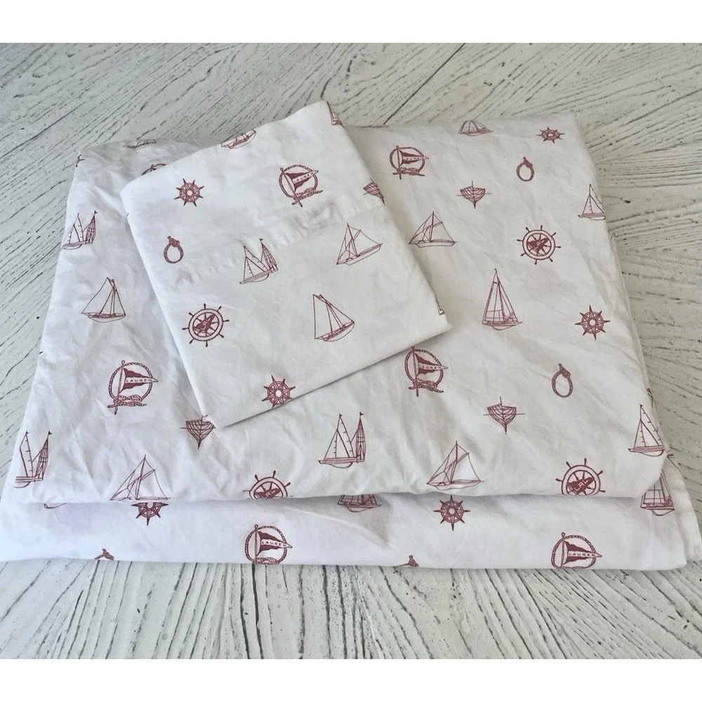 Ralph Lauren Red White Sailboat Nautical 3 Pc TWIN Sheet Set‎ Flat Fitted Case